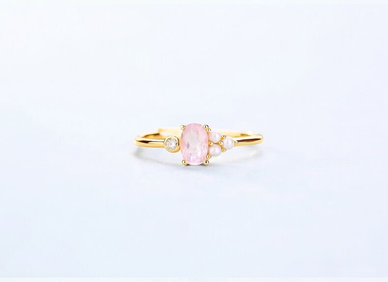 Oval Rose Quartz /Blue Topaz Pearl 925 Sterling Silver Resizable Ring with Yellow Gold/White Gold Plating